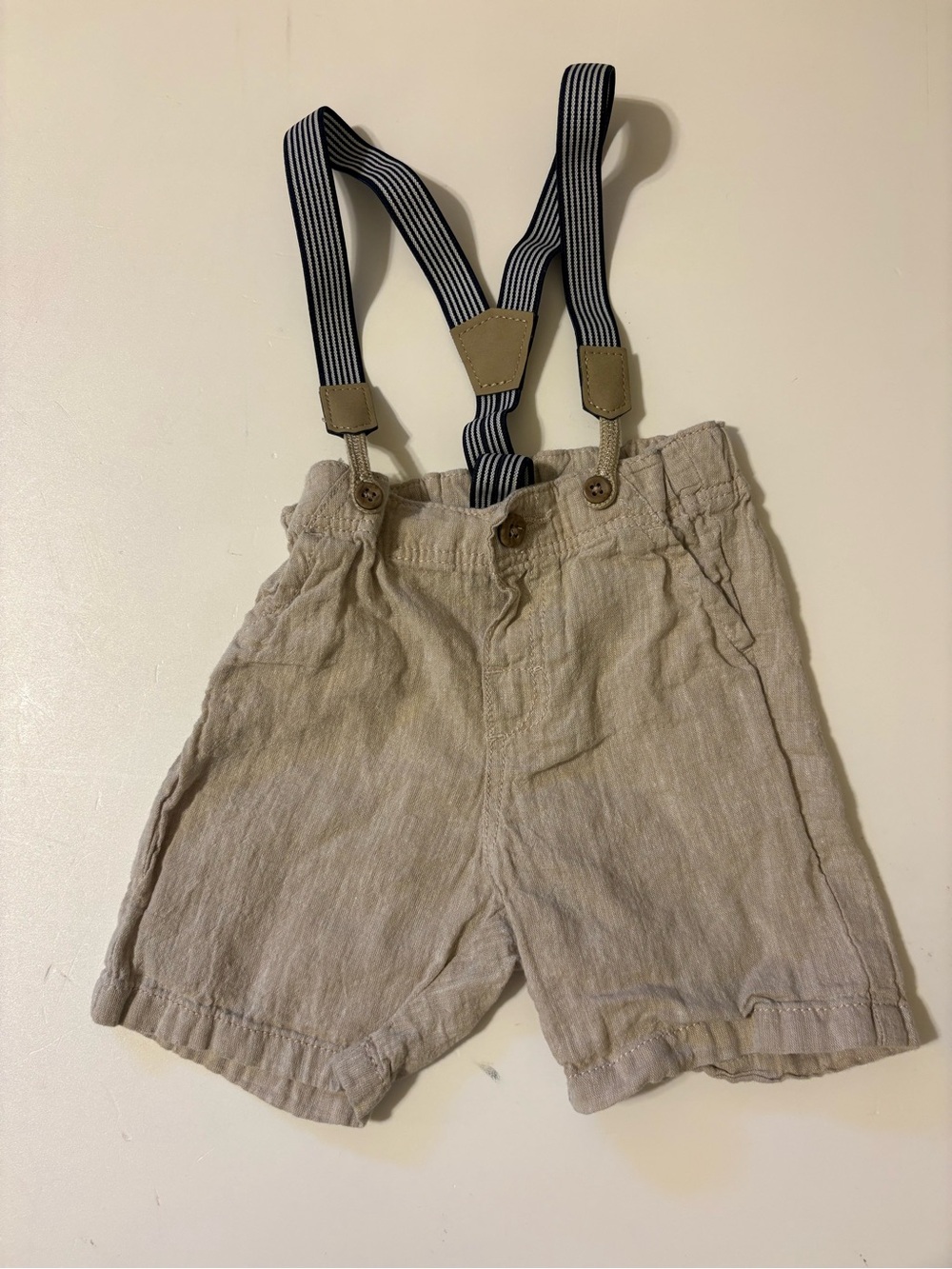 H&M Beige Linen-Blend Shorts with Navy Striped Suspenders